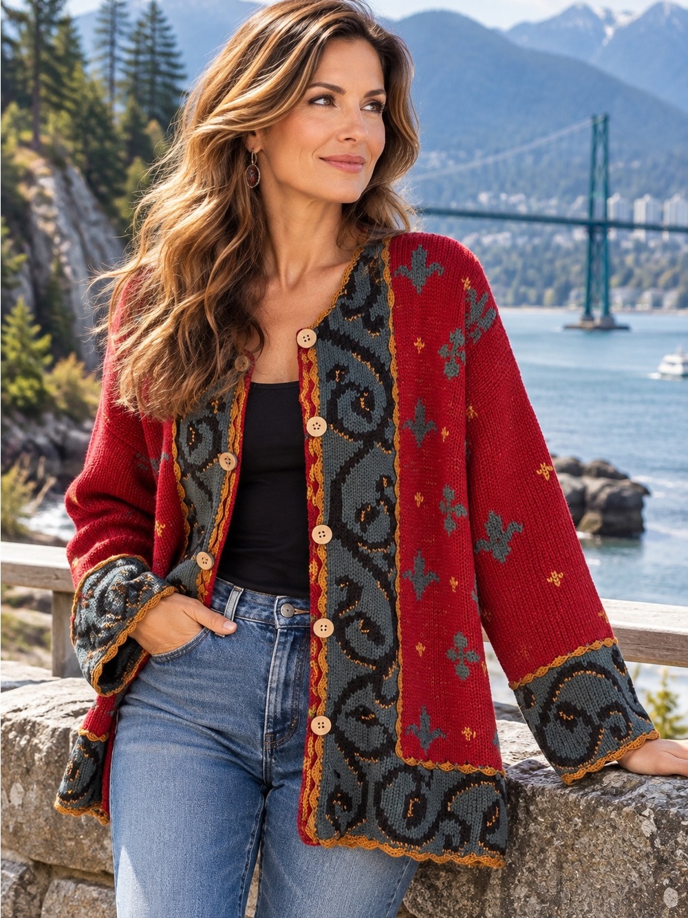 Boho Artisan Crimson Knit Crochet Embellished Long Cardigan Sweater